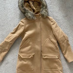 J crew wool camel jacket with faux fur hood